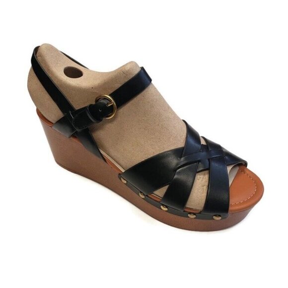 Nine West Womens Size 11 Annah3 Platform Wedge Open Toe Sandals Black Buckle - Picture 1 of 8